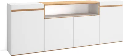 Produktbild von Sideboard, Highboard, 200x35x75cm, 4 Türen, Wohnzimmer, Küche, Weiß und Eiche Soft
