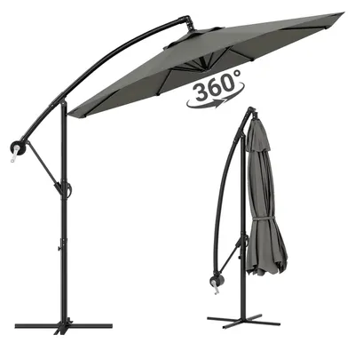 Zdjęcie produktu dla Parasol ogrodowy – parasol z wysięgnikiem 300 cm – obrót o 360° – korba i regulacja nachylenia – wodoodporny – z podstawą – szary