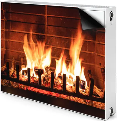A radiator cover with a realistic image of a fireplace and burning logs.