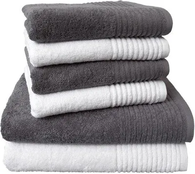 Produktbild von Unyqoos® 6-teiliges Handtuchset aus 100% Baumwolle – 2 Badetücher & 4 Handtücher, weiß-grau, extra weich, saugfähig, waschbar bis 60 °C