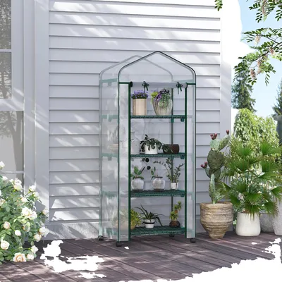 Produktbild von Gewächshaus, 4-stufige Regale, transparente PVC-Abdeckung, mobil mit Rädern, WEISS