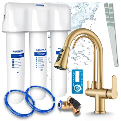 Produktbild von Ari 3-Wege-Küchenarmatur Nordic, Messing, Ausziehbare Spültischarmatur Im Set Mit Aquaphor Wasserfiltersystem, Untertischanlage