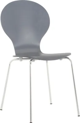 A single gray chair with silver legs on a white background.
