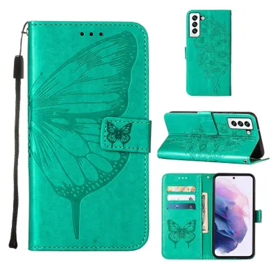 Produktbild von Galaxy S22 Hülle, Schmetterling Prägung Flip Leder Kartenfächer Schutzhülle Ledertasche mit Ständer für Samsung Galaxy S22 Grün