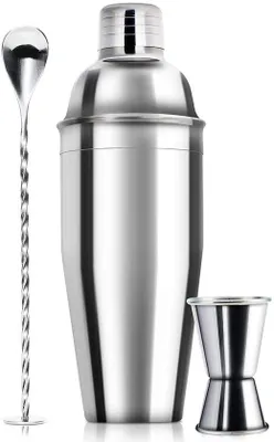 Productafbeelding van Unyqoos® Cocktailshaker-set, complete barset van roestvrij staal 304 – 680 ml shaker met lekvrij zeefdeksel, dubbelzijdige maatbeker, barlepel, vaatwasmachinebestendig, voor thuisgebruik
