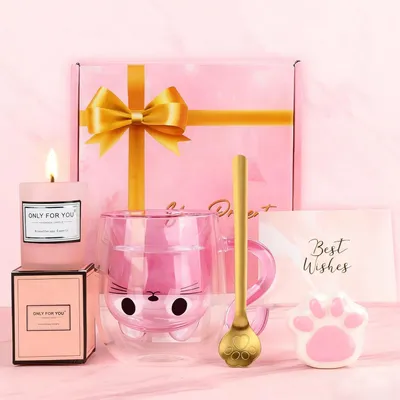 Productafbeelding van Dubbelwandige kattenbeker, 290 ml, roze, cadeau set voor vrouwen