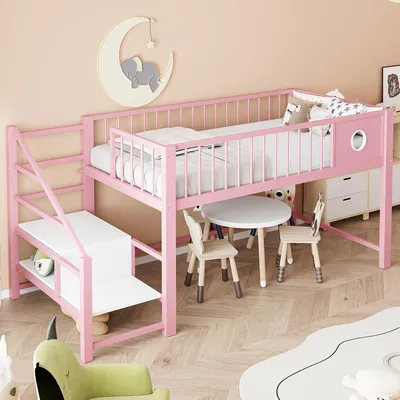 Obrázok produktu pre Kovová vysoká posteľ 90 x 200 cm s úložným priestorom, úložným priestorom pod posteľou, robustnou kovovou konštrukciou a bezpečnostnou zábranou. Detská posteľ, posteľ pre tínedžov, ružová farba