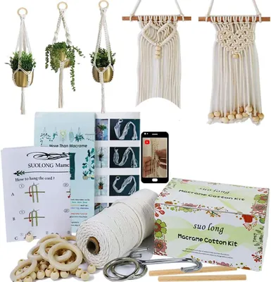 Produktbild von Macrame Set fuer Anfänger, 3mm Baumwollgarn, Holzperlen, Ringe, Anleitung, fuer kreative Projekte