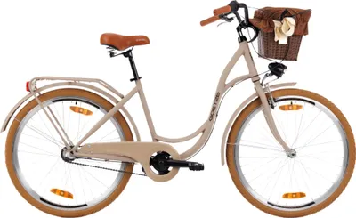 Zdjęcie produktu dla 26-calowy rower miejski Goetze Style, 17-calowa rama typu step-through, 3-biegowy Shimano Nexus, hamulec typu V-brake, oświetlenie LED, wygodne siodełko, koszyk rattanowy