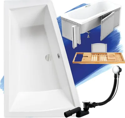 Productafbeelding van Badkuip, hoekmodel, set 5-in-1, 180x125 cm, links, inclusief isolatie van polystyreen en bamboe houten opbergplank | BADLAND INTIMA