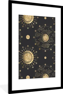 Produktbild von MuchoWow® Gerahmtes Poster Muster - Sonne - Mond - Gold 60x90 cm - Poster mit Schwarzem Bilderrahmen Wandposter Rahmen Foto Bilder - Dekoration - Wandposter Wohnzimmer - Hochwertig