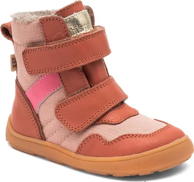 A single pink and brown boot with velcro straps.
