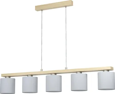 Produktbild von EGLO Pendelleuchte Castralvo, 5 flammige Hängelampe, Hängeleuchte aus Stahl in Nickel-Matt, Holz in Braun und Textil in Weiß, Esstischlampe, E27