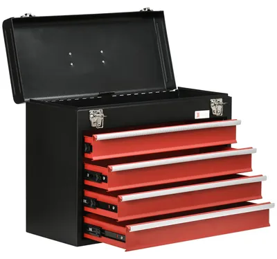 Image de Boîte à outils - Armoire à outils - 4 tiroirs - Fermeture à clé - Acier - 51 x 22 x 39,5 cm - Noir/Rouge