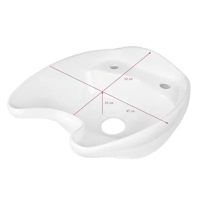 A white ceramic washbasin with measurement lines and dimensions indicated.