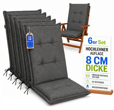 Zdjęcie produktu dla Pillows24 - 6x poduszki z wysokim oparciem 120x50x8 cm | Pikowane, odporne na warunki atmosferyczne poduszki na krzesła ogrodowe | Poduszka na siedzisko do mebli ogrodowych | Wyprodukowano w UE | Ciemnoszary