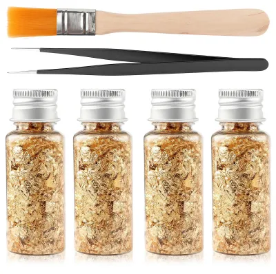Produktbild von Blattgold-Set - 4 Flaschen mit Pinzette und Pinsel - Dekorfolienpapier für Backen und Kunsthandwerk
