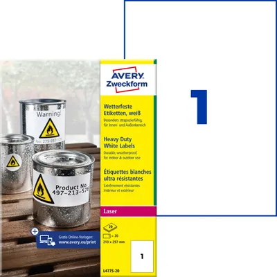 Produktbild von Avery Zweckform L4775-20, Wetterfeste Folien-Etiketten, A4, 210 x 297 mm, 20 Etiketten / 20 Bögen, weiß