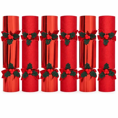 Festliches 6er Set rote Christmas Crackers mit Stechpalmen-Dekor