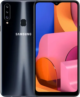 A Samsung Galaxy A20s smartphone is shown from the front and back.