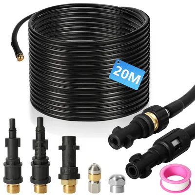 Image de TolleTour Flexible haute pression tuyau de nettoyage, 20m, 160 bar, compatible avec Kärcher, K2, K3, K4, K5, K6, adaptateur inclus, buses fixes + rotatives