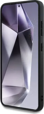 A black phone case with a geometric wallpaper on the phone screen.