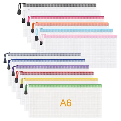 Immagine prodotto di Custodia per documenti formato A6 con cerniera, confezione da 12 pezzi, in PVC, dimensioni 16 x 12 cm, colori assortiti