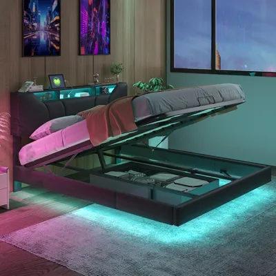 Image de CDGlobal Lit rembourré 140x200cm lit de rangement avec LED/USB, lit double boxspring avec sommier à lattes et espace de rangement, lit fonctionnel lit de jeune, PU, noir