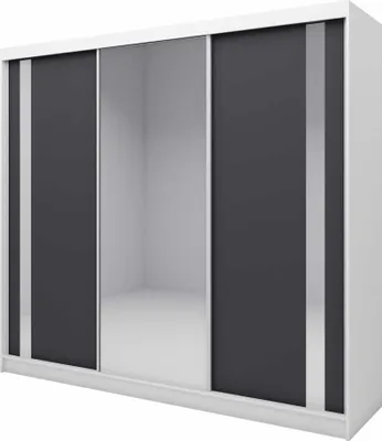 A three-door sliding wardrobe with mirrored center doors and dark gray side doors, presented against a white background.