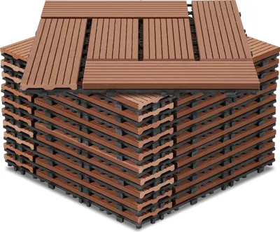 Produktbild von Izrielar WPC Terrassenfliesen 3 m², 30 x 30 cm 33 Stücke, Terrassendielen mit 6 Latten in Holzoptik, für Garten Balkon Bodenbelag mit Drainage und Klicksystem, Braun