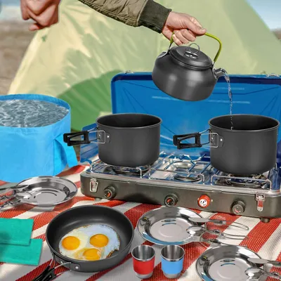 Produktbild von 29-teiliges Campinggeschirr Set inkl. zusammenklappbarem Kochgeschirr für Campingbesteck, zusammenklappbares Waschbecken, Rucksack Reisen, Kochen im Freien und Picknicken für 4 Personen