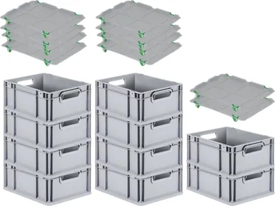 Produktbild von SuperSparSet 10x Eurobox NextGen Grip mit Auflagedeckel inkl. 4 grünen Schiebeschnappverschlüssen | HxBxT 17x30x40cm | 16 Liter | Grau | Griffe offen | Glatter Boden | Eurobehälter, Transportbox, Transportbehälter, Stapelbehälter