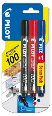 Image de Pilot - marqueur permanent 100, blister avec 3 pièces (2 + 1 ) en couleurs assorties