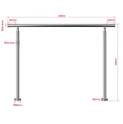 A diagram of a stainless steel handrail with dimensions.