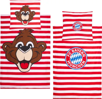 Two sets of bedding with red and white stripes, one featuring a cartoon bear face and the other the FC Bayern München logo.