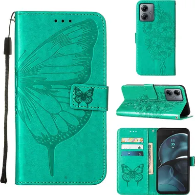 Produktbild von Lederhülle für Motorola Moto G14 Schmetterling Prägung Flip Ledertasche Kartenfächer Handyhülle mit Ständer Grün