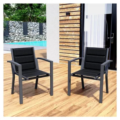 Produktbild von Stapelbare Gartenstühle, 2er Set Aluminium Gartenstuhl mit Armlehnen, Balkonstühle, Garten Esszimmerstühle, Wetterfeste Terrassenstühle, Dunkelgrau