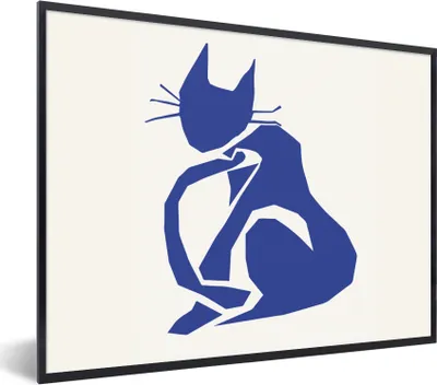 Produktbild von MuchoWow® Gerahmtes Poster Katze - Haustiere - Blau - Matisse 80x60 cm - Poster mit Schwarzem Bilderrahmen Wandposter Rahmen Foto Bilder - Schwarzem - Mit Gestell