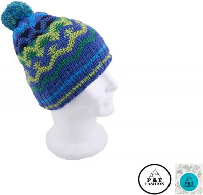 Produktbild von P&T Wintermütze mit Pompon - Blau-Gelb-Grün - Erwachsene & Kinder 55-57