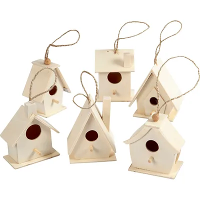 Image de Cabane à oiseaux miniature, en bois naturel, à peindre, hauteur 7 cm - lot de 6