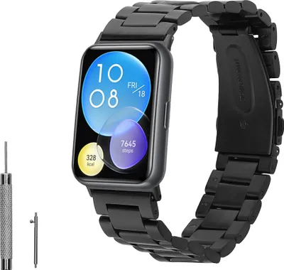 Produktbild von kwmobile Edelstahl Uhrenarmband kompatibel mit Huawei Watch Fit 2 Ersatz Armband - Ersatzarmband für Smartwatch - 14 - 22 cm Innenmaße - Schwarz