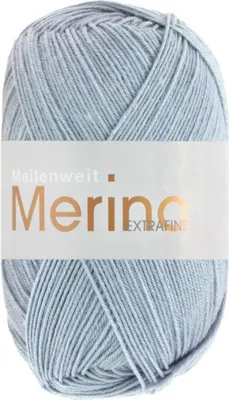 A ball of light blue yarn with a white label.