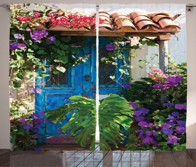 Produktbild von ABAKUHAUS Rustikal Rustikaler Vorhang, Landschaft Blumen, Wohnzimmer Universalband Gardinen mit Schlaufen und Haken, 280 x 225 cm, Mehrfarbig