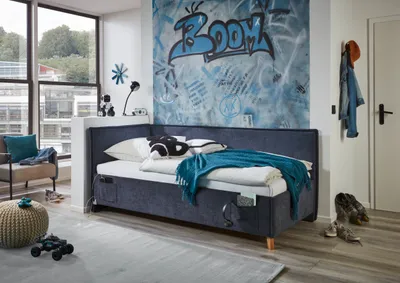 Produktbild von Meise Möbel Kinderbett FUN 90x200 cm | Bettgestell | Kopfteil & Rückenteil glatt | Webstoff Dunkelblau | Holzfuß eiche