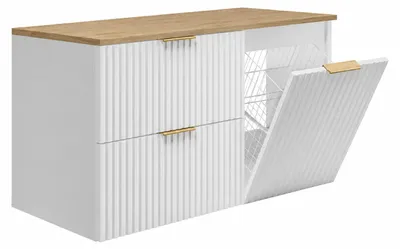 Immagine prodotto di Set di mobili da bagno con cesto per la biancheria e piano, maniglie dorate, larghezza 100 cm, finitura "Craft" effetto legno di rovere, Immagine generata dall'IA