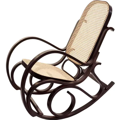 A dark brown wooden rocking chair with a woven rattan seat and backrest, isolated on a white background.