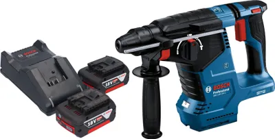 A Bosch rotary hammer drill with two batteries and a charger, displayed on a white background.
