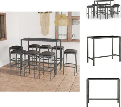Produktbild von vidaXL 9-tlg. Gartenbar-Set mit Kissen Poly Rattan Grau -  Gartenmöbel-Sets