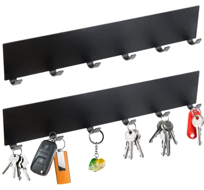 Produktbild von 2 Schlüsselbretter mit je 6 Haken, schwarz, Metall, selbstklebend, kein Bohren erforderlich