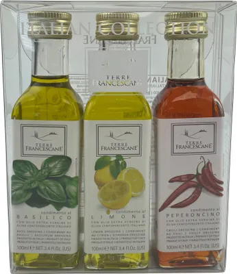 Produktbild von Food-United DRESSING-OLIVENÖL Fläschchen Geschenk-Set 3x 100ml, ITALIAN COLLECTION, italienisches Olivenöl extra nativ kaltgepresst mit nur 0,8 % Säure, von TERRE FRANCESCANE, Basilikum Zitrone Chili